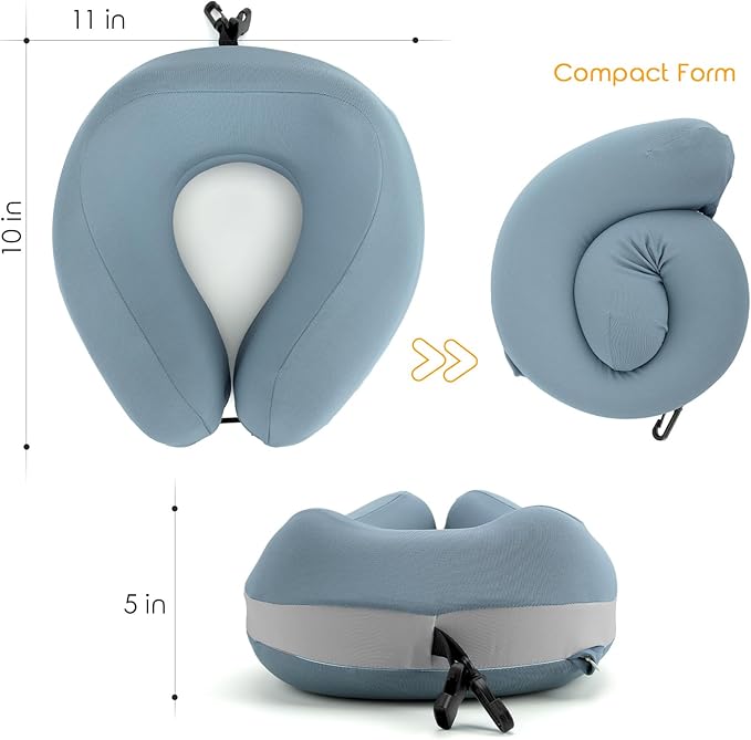 Travel Neck Pillow Premium Memory Foam, Head Support, Comfortable and Soft for Flight and Trip. Airplane Traveling Kit with Contoured Eye Mask, Triple Layer Earplug, and Travel Bag (Ice Blue)