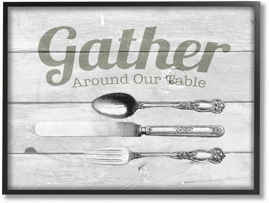 Stupell Industries Gather Silverware Kitchen Wood Texture Word, Design by The Saturday Evening Post Wall Art, 16 x 20, Black Framed