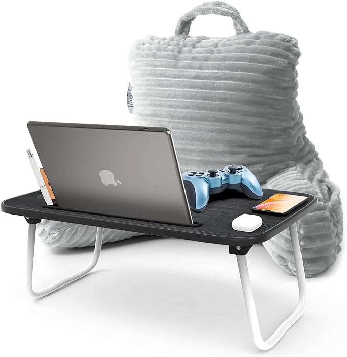 Nestl Reading Pillow with Portable Lap Desk Stand for Laptop 19x11”, Cut Plush Striped Back Pillow, Back Support Pillow, Shredded Memory Foam Bed Rest Pillow with Arms for Kids & Teens, Small - Silver