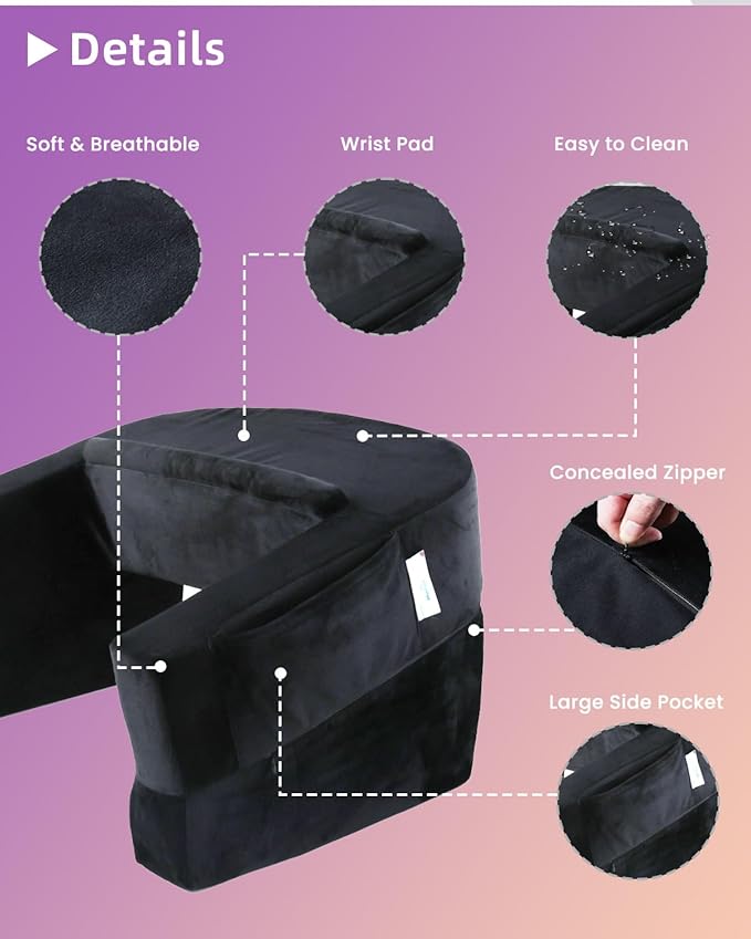 Weighted Idea Reading Pillow for Gaming, Meduim Gaming Pillow for Adult,Table Pillow with 2 Side Pockets for Gaming, Reading, Working Sitting in Bed Floor Sofa (Black)