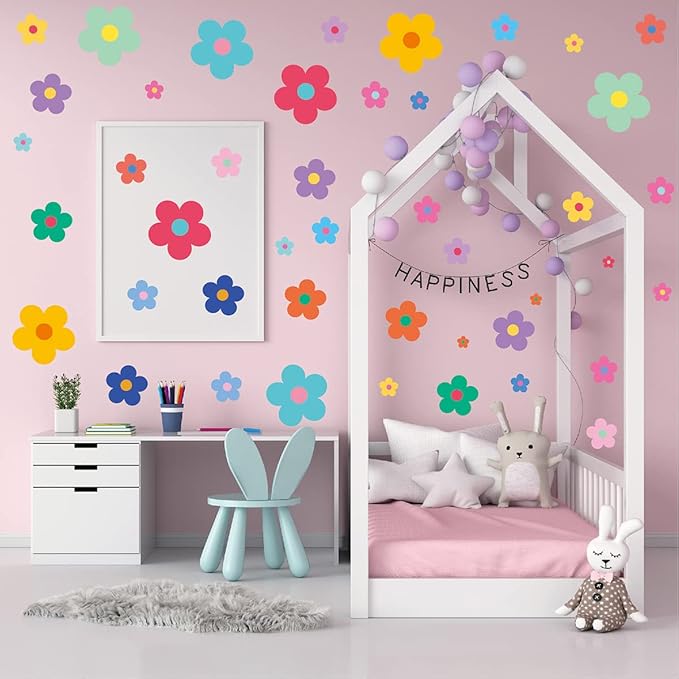 Pink Flower Wall Decals - Flower Peel and Stick Wall Stickers Vinyl Peony Floral Wall Stickers Pastel Flower Decor for Girls Bedroom Nursery Classroom Living Room (Colorful Flower)