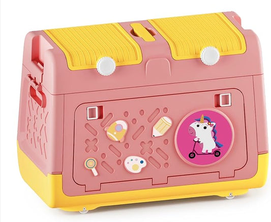 Toy Box Chest with Lid, Unicorn Collapsible Storage Organizer for Kids Boys Girls, Plastic Stackable Toddler Toy Bins with Double Door Lid (Pink)