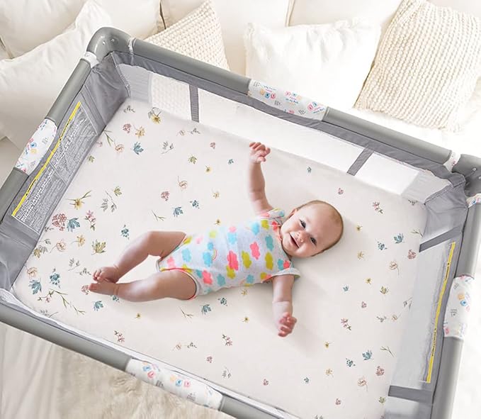 TotAha Premium Stretchy Pack N Play Playard Sheets | Mini Crib Sheets (2-Pack)-Hypoallergenic, Silky Comfort, AButtery Soft, Calming Effect, All-Season Jersey-Knit (Blue Flower & Small Floral)