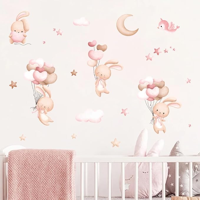 Bunny Air Balloon Animals Wall Decals The Moon and Stars Nursery Wall Stickers Baby Girls Room Wall Decor
