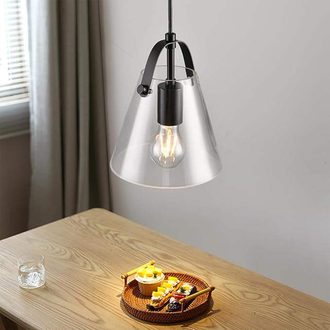Black Pendant Lights Kitchen Island,Modern Design Clean Clear Farmhouse Glass Pendant Light,Light Fixture Kitchen Pendant Medium Hanging Light Fixture for Sink A60 Bulb Recommened
