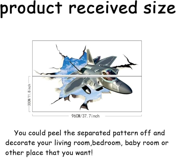 SUPERDANT 3D Break Sky Wall Sticker Fighter Jet Plane 3D Wall Decals Airplane Peel and Stick Vinyl Watercolor Art Decor for Boys Kids Room Living Room Nursery Bedroom Playroom Wall Decor