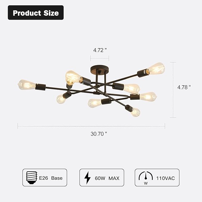 ZGLAOJT Black Semi Flush Mount Ceiling Light Fixture,9 Light Modern Metal Chandelier,Ceiling Light for Kitchen Farmhouse Island Dining Room Bedroom