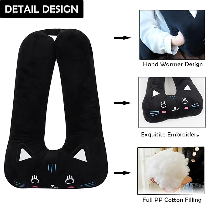 Kids Travel Pillow for Car Seat with Hand Muff, Cartoon Neck & Headrest Seat Belt Pillow for Car Road Trips Long-Distance Travel Sleeping Pillow for Adults and Children, Black Cat