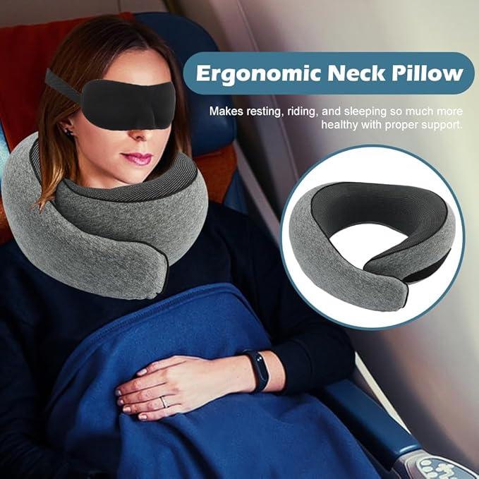 Travel Pillow Neck Pillows Pure Memory Foam Neck Pillow with 3D Eye Masks and Earplugs 360° Adjustable Full Surrounding Neck Pillows for Airplanes, Cars, Offices (Grey)