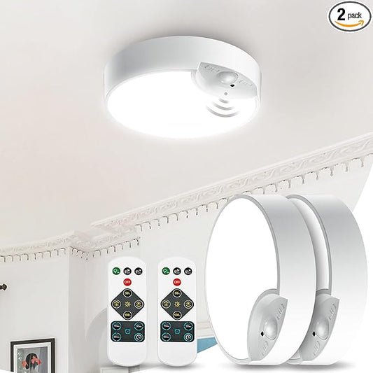 Battery Operated Motion Sensor Ceiling Light Indoor, LED Fixture Wireless Wall Light with Remote Control Brightness Dimmable Timer Setting Daylight for Closet Garage Shed, 2 Pack