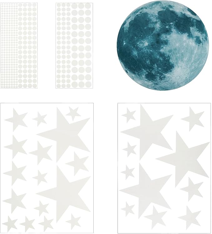 uxcell 1 Set Glow in The Dark Ceiling Star Stickers, Moon and Stars Wall Decals, Glowing Star Decal Decoration for Bedroom, 200mm Blue Moon