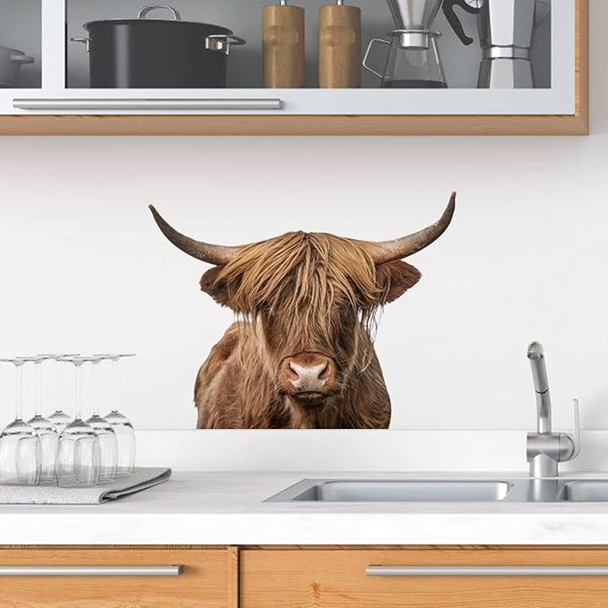Funny Animal Wall Decal Removable Highland Cow Wall Art Sticker Farmhouse Wall Decor Scottish Rustic Cattle Wall Mural Sticker Funny Christmas Gift Animal Door Window Decals