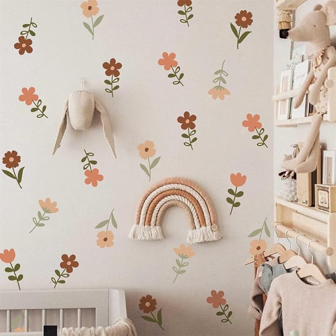 72pcs Flowers Wall Decals,Boho Flowers Wall Stickers,Wildflower Grass Wall Stickers,Removable Floral Wall Murals Peel and Stick Colorful Flower Wall Decor,Girls Bedroom Living Room Kitchen Wall Decor