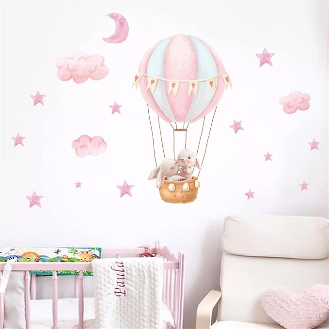 Pink Cloud Hot Air Balloon Rabbit Wall Decal Cute Bunny Moon and Stars Wall Stickers Baby Girls Room Nursery Decor