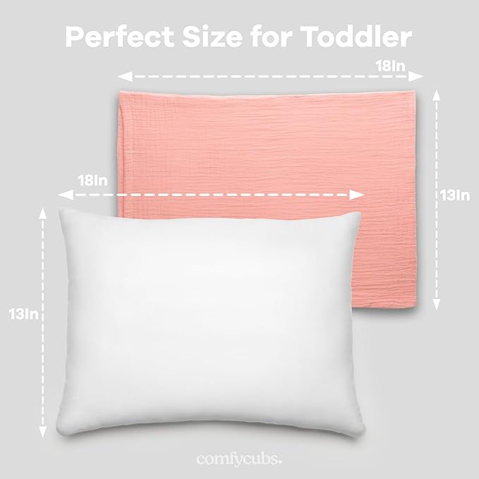 Comfy Cubs Toddler Pillow with Soft Muslin Pillowcase, 13"x18", Blush - Kids Pillow for Sleeping & Travel - Adorable & Comfortable Small Pillow - Kids Travel Pillow with Breathable Microfiber Fill