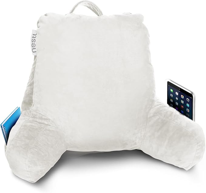 Nestl Reading Pillow Standard Bed Pillow, Back Pillow for Sitting in Bed Shredded Memory Foam Chair Pillow, Reading & Bed Rest Pillows White Back Pillow for Bed, Bed Chair Arm Pillow with Pockets