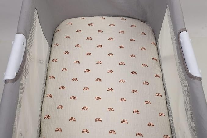 Muslin Bassinet Sheets 29"x 14" for Chicco LullaGo Anywhere, Baby Bjorn Cradle and Other Same Size Mattress Pad, Snuggly Soft 100% Cotton 2 Pack, Natural and Rainbow