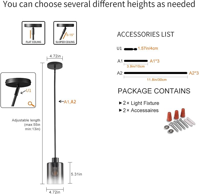 Black Pendant Lights Kitchen Island,Smoked Glass Pendant Light Fixture Multiple Stems Rods 3 Units 12 Inch 3 Units 4 Inch (2 Pack Smoked Glass+Black Downrod)