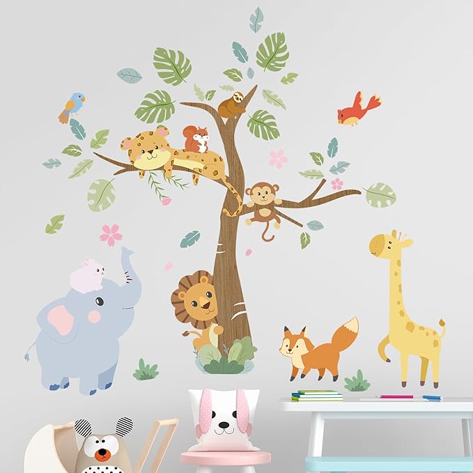 Forest Animals Baby Wall Stickers - Elephant Giraffe Lion Monkey Sloth Tocan Wall Decals - Baby Nursery Kids Room Daycare Playroom Classroom Wall Decor