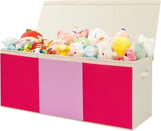 Large Toy Box Chest with Lid, Oxford Collapsible Sturdy Toy Storage Boxes Bins Baskets for Boys, Girls, Closet, Playroom, Nursery Room, 39"x15.5"x13" (Pink & Red)