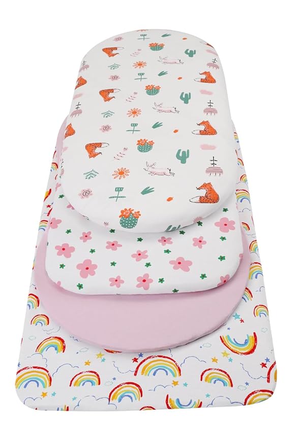Bassinet Sheets Compatible with 4moms Mamaroo Sleep Bassinet, 2 Pack Fitted Sheets, 100% Jersey Knit Cotton 190GSM, Ultra Soft Breathable, Floral and Pink