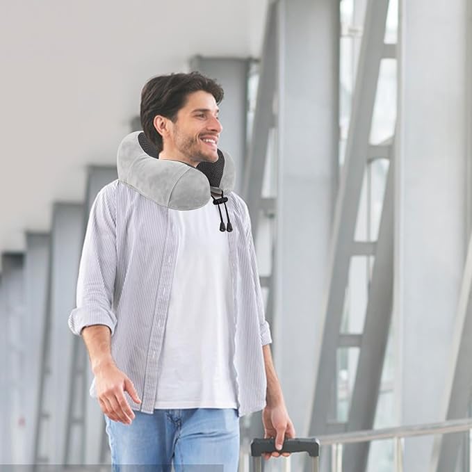 Pure Memory Foam Travel Pillow Set for Adults - Comfortable & Breathable Removable Cover, Airplane Travel Kit with Eye Mask & Portable Storage Bags for Plane Accessories - Grey