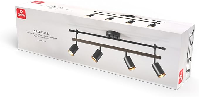 Globe Electric 60023 Nashville 4-Light Track Lighting, Matte Black, Faux Wood Accent Bar, Bulb Not Included