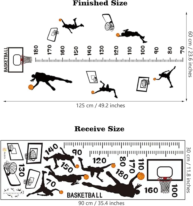 Basketball Player Kids Height Wall Chart | Peel & Stick Nursery Wall Decals for Baby Bedroom, Toddler Playroom