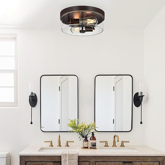 Flush Mount Ceiling Light Fixtures, 2-Light Oil Rubbed Bronze Ceiling Mount for Farmhouse with Seeded Glass Lampshade, Industrial Flush Mount Light Fixture for Hallway, Kitchen, Entryway and Foyer