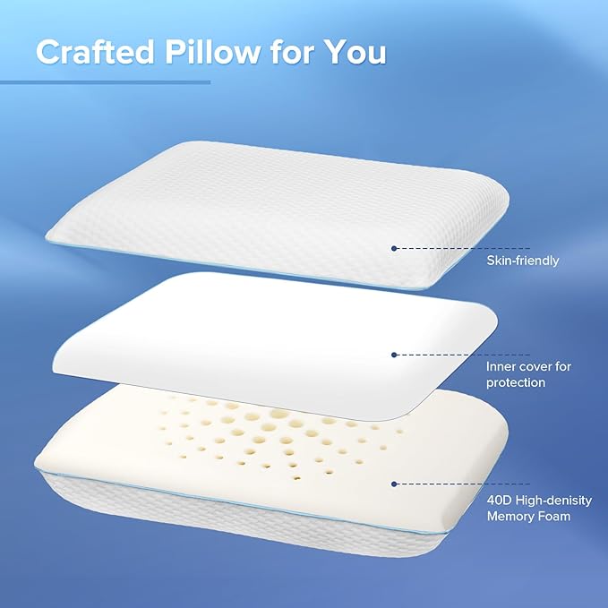 Memory Foam Pilllows for Sleeping, Soft Contour Pillow for Pain Relief, Bed Pillow for Side Back Stomach Sleepers,Cooling Pillow with Removable and Washable Cover, White