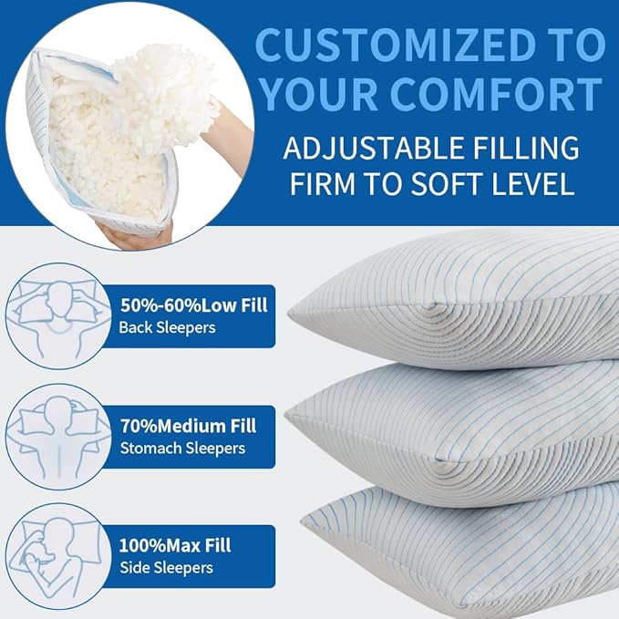 Shredded Memory Foam Pillows Queen Size Set of 2, Cooling Pillows for Sleeping That Stay Cold, Adjustable Firm Pillow for Side Back Stomach Sleepers with Washable Removable Cover