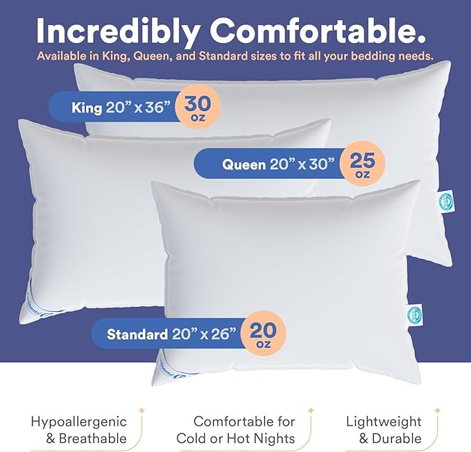 Continental Bedding Medium King Set of 2 100% White Down Pillows 30 Ounce 550FP Hotel Down Pillows for Supporting Back Side and Stomach Sleepers
