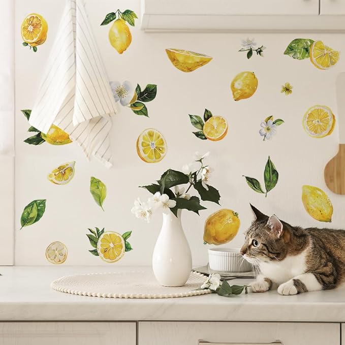 Lemon Wall Decals Fruit Lemon Wall Stickers Peel and Stick Wall Art Decals for Kitchen Cabinet Window Country Restaurant Dining Room Refrigerator Decor