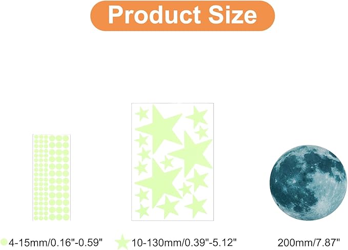 uxcell 1 Set Glow in The Dark Ceiling Star Stickers, Moon and Stars Wall Decals, Glowing Star Decal Decoration for Bedroom, 200mm Moon