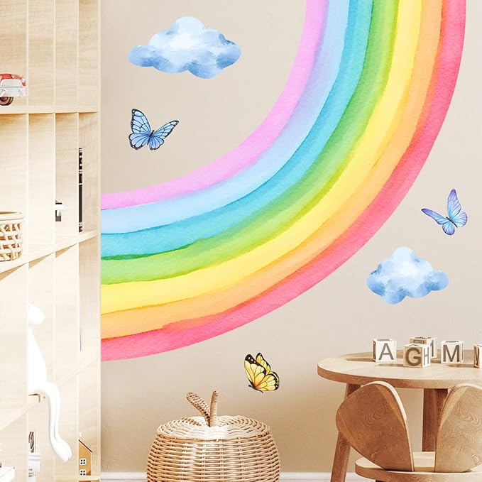 Removable 3D Large Colorful Boho Half Rainbow Wall Sticker Peel and Stick Self-Adhesive Colorful Pastel Rainbow with Cloud and Butterfly Wall Decals Wallpaper for Kids Girls Bedroom Nursery