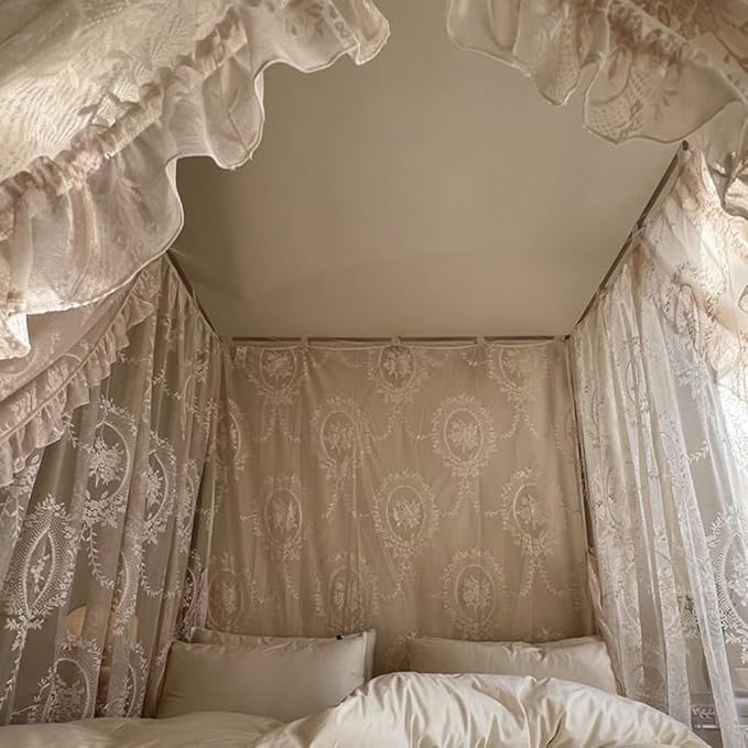 Elegant Lace Princess 4 Corner Post Mosquito Net Romantic for Girls Women Bed Curtain Canopy for Adult Wedding Bedroom Kids Rooms Decoration (Color-C, King)