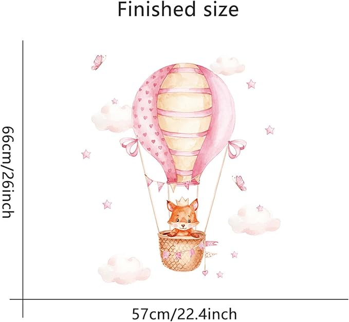 Waterproof Removable Vinyl PVC Hot Air Balloon Fox Safari Animal Star Wall Decal Wall Sticker Decor Peel Art Nursery Kidsroom Classroom Bedroom Bathroom Pink