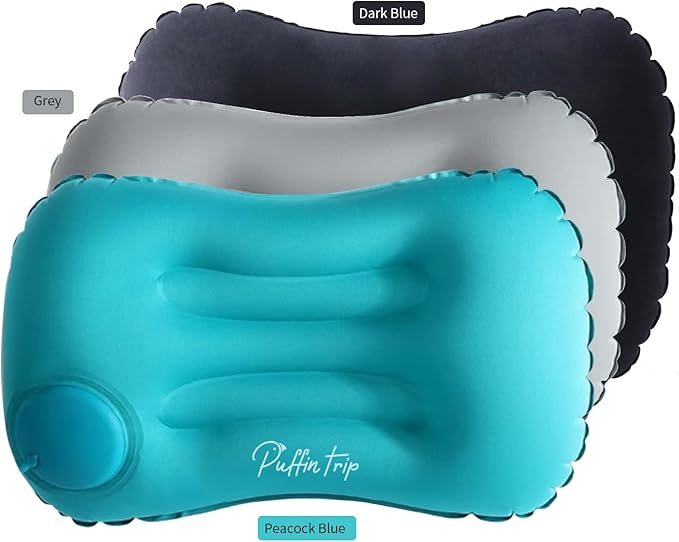Ultralight Inflatable Travel Pillow Press to Inflate Compressible Ergonomic Neck and Lumbar Support While Camping Driving Sleeping Dark Blue