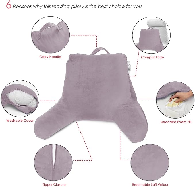 Nestl Reading Pillow for Kids, Small Bed Pillow, Back Pillow for Sitting in Bed, Memory Foam Chair Pillow, Reading & Bed Rest Pillows, Dusty Purple Back Pillow for Bed, Arm Pillow with Pockets