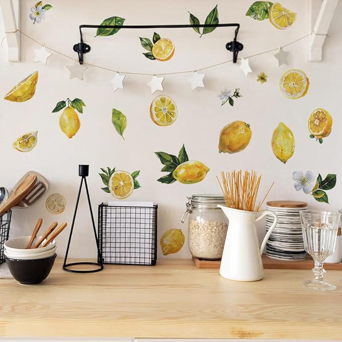 Lemon Wall Decals Fruit Lemon Wall Stickers Peel and Stick Wall Art Decals for Kitchen Cabinet Window Country Restaurant Dining Room Refrigerator Decor