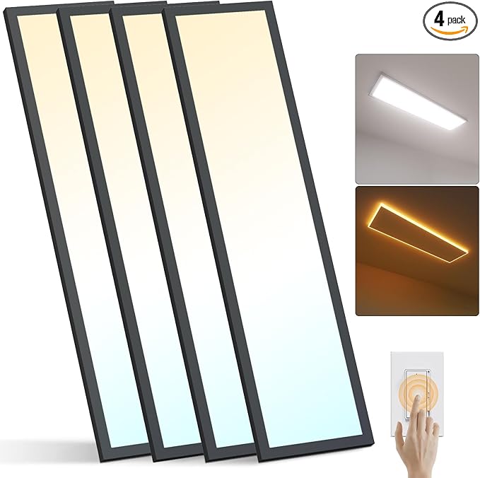 AIKVSXER 4Pack-1x4-Black LED Flat Panel Light Surface Mount 3000K/4000K/5000K with Night Light, 50W 5500Lm 120V 2x2 LED Light Fixtures for Yard/Bedroom/Office