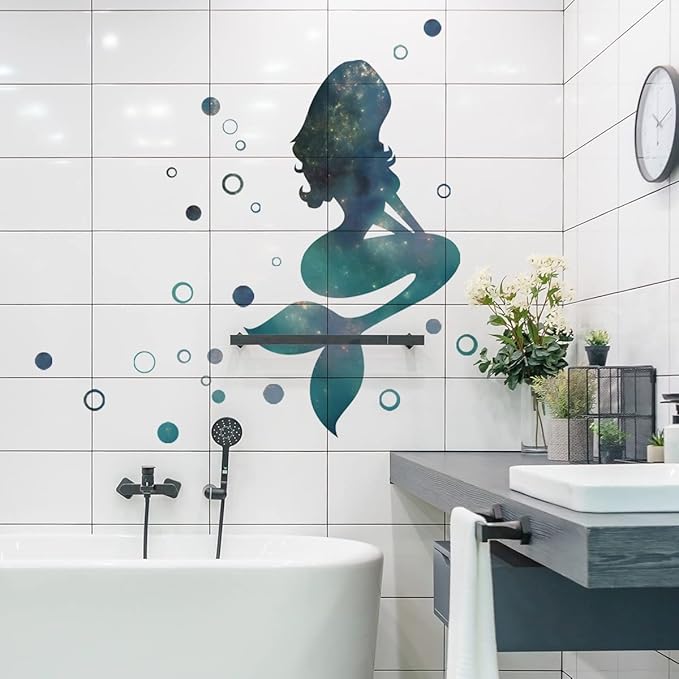 Mermaid Wall Stickers - Enchanting Blue & Green Design, 70cm x 27.5in, with 90 Bubbles
