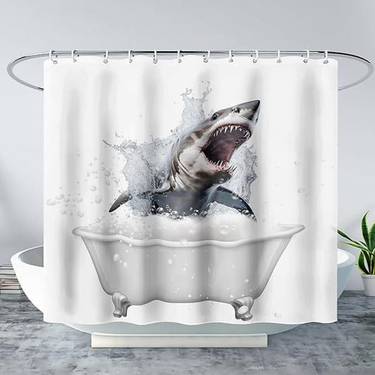 AILONEN 3D Bathtub Shark Shower Curtain for Kids 180 * 200 Inch,Fierce Shark in a Bathtub Shower Curtain,12 Pack Hooks Polyester Waterproof Fabric Decor for Bathroom Bathtub Panels