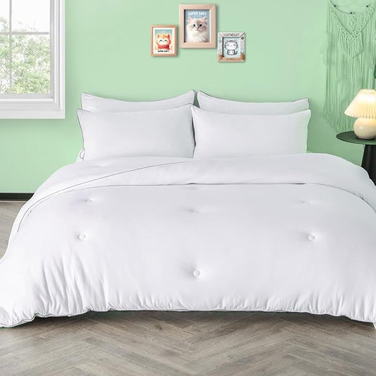 KASENTEX Super-Duper Ultra Soft Lightweight Jersey Knit Queen Comforter Set, Smooth Bed Set, 3 Piece Solid Breathable Bedding - Light Plain White Comforters Queen Size with 2 Pillow Cases, 88x90in