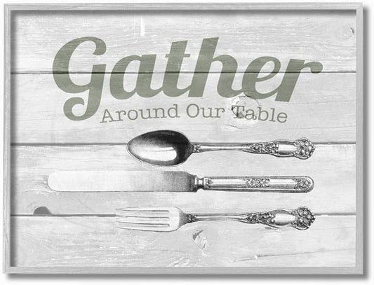 Stupell Industries Gather Silverware Kitchen Wood Texture Word, Design by The Saturday Evening Post Wall Art, 11x14, Grey Framed