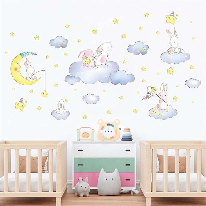 Cartoon Cute Rabbit Wall Decal The Moon and Stars Cloud Bunny Wall Stickers Nursery for Bedroom Girls Decor