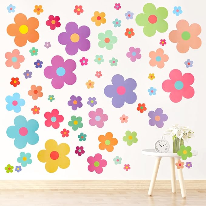 63pcs Cute Flowers Wall Sticker PVC Colorful Y2k Floral Wall Decor Vinyl Peel and Stick Flowers Stickers for Teen Girls Boy Kids Nursery Bedroom Kindergarten(9 Sheets, Bright Colors)