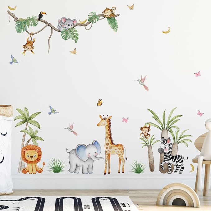 Jungle Animals Wall Decals Elephant Lion Monkey, Removable Kids Toddler Safari Wall Stickers Peel and Stick Wall Art Decor Wallpaper for Classroom Bedroom Nursery Playroom