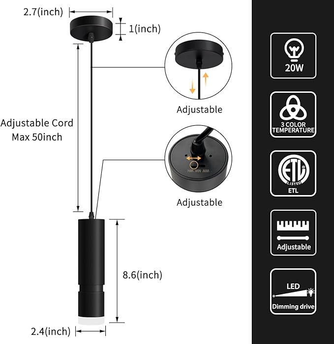 OKELI Pendant Lights, Modern Black Pendant Lights Fixture,3 Color Unique LED Pendant Lighting for Kitchen Island Bar,20W,3000-6000K, ETL(3Pack)