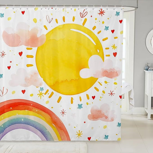 Feelyou Boys Girls Rainbow Shower Curtain Sun Bath Curtain Colorful Bathroom Shower Curtain Set Kids Cute Cartoon Teens Bathroom Accessories Room Decor 72"x84"